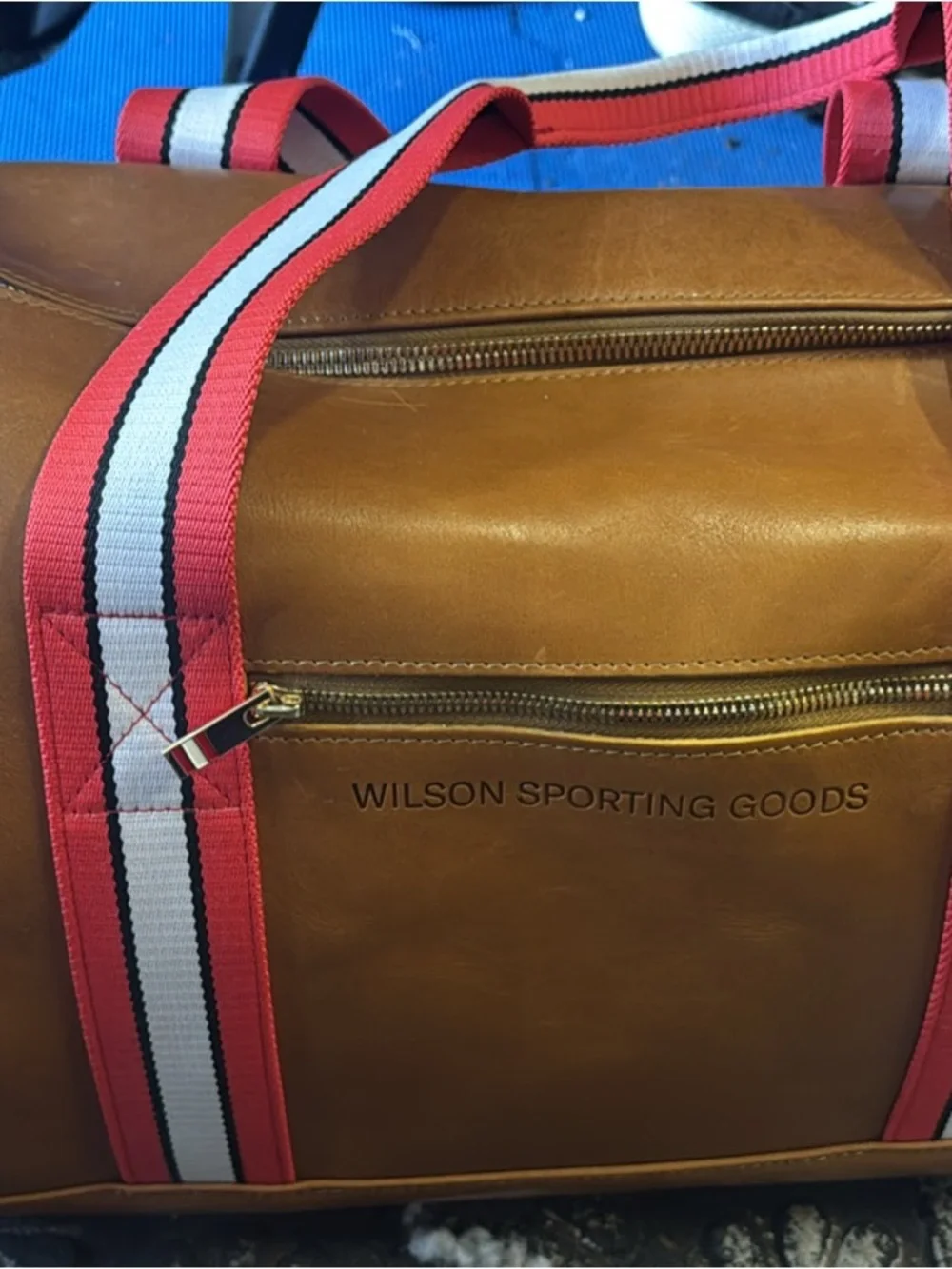 NWT— Wilson Tan Leather Duffel Bag with Red-Striped Straps